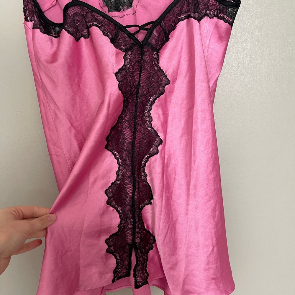 Victoria's Secret Pink Satin Slip with Black Lace Trim - Picture 5 of 6